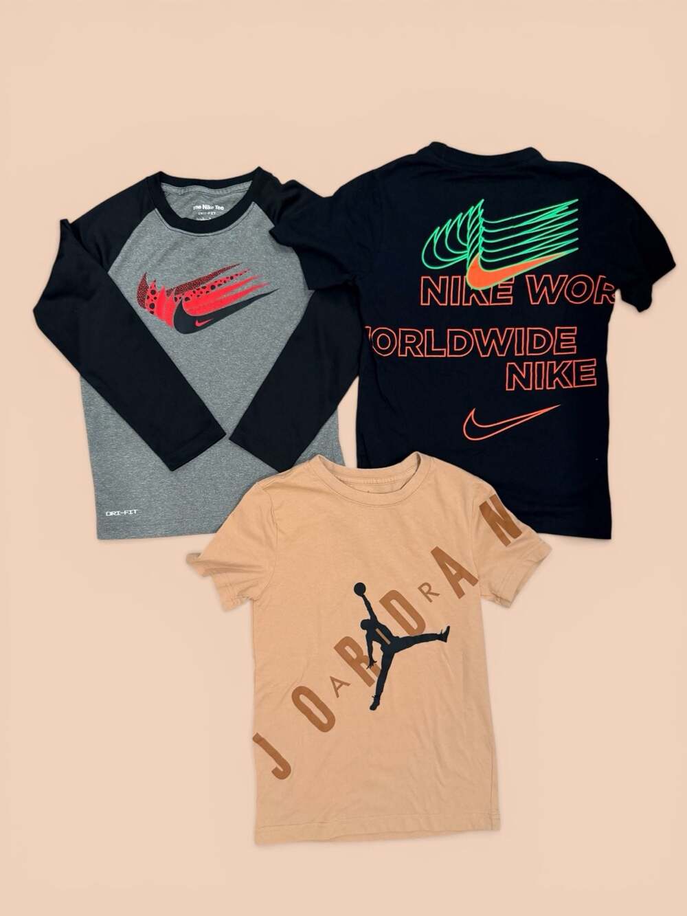 Bundle of 3 Boys Graphic Shirts: Nike Dri-Fit Raglan, Nike Worldwide Neon Logo &
